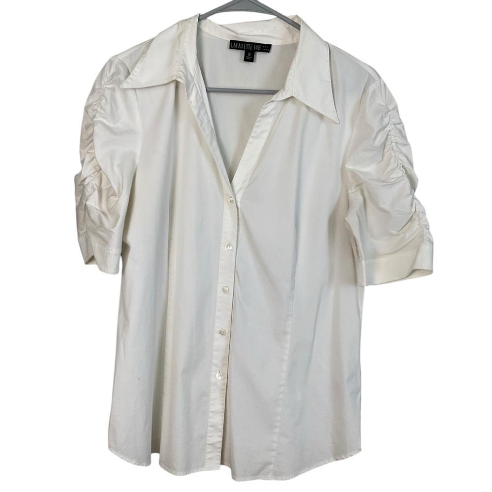 Lafayette 148 New York White Button Down Shirt with Ruched Puff Sleeves